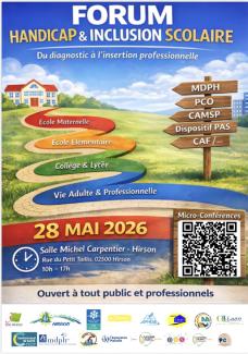Affiche du forum handicap et inclusion scolaire à Hirson le 28 mai 2026 avec parcours MDPH et partenaires